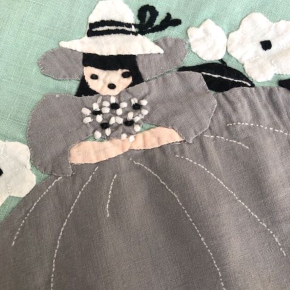 Vintage Hand Applique Tablecloth & 4 Napkins Green & Grey 40s Southern Belle - Picture 7 of 13